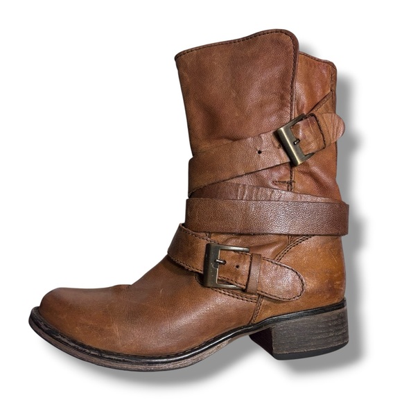 Steve Madden Shoes - STEVE MADDEN Brewzzer Cognac Leather Belted Mid-Calf Moto Boots Size 7